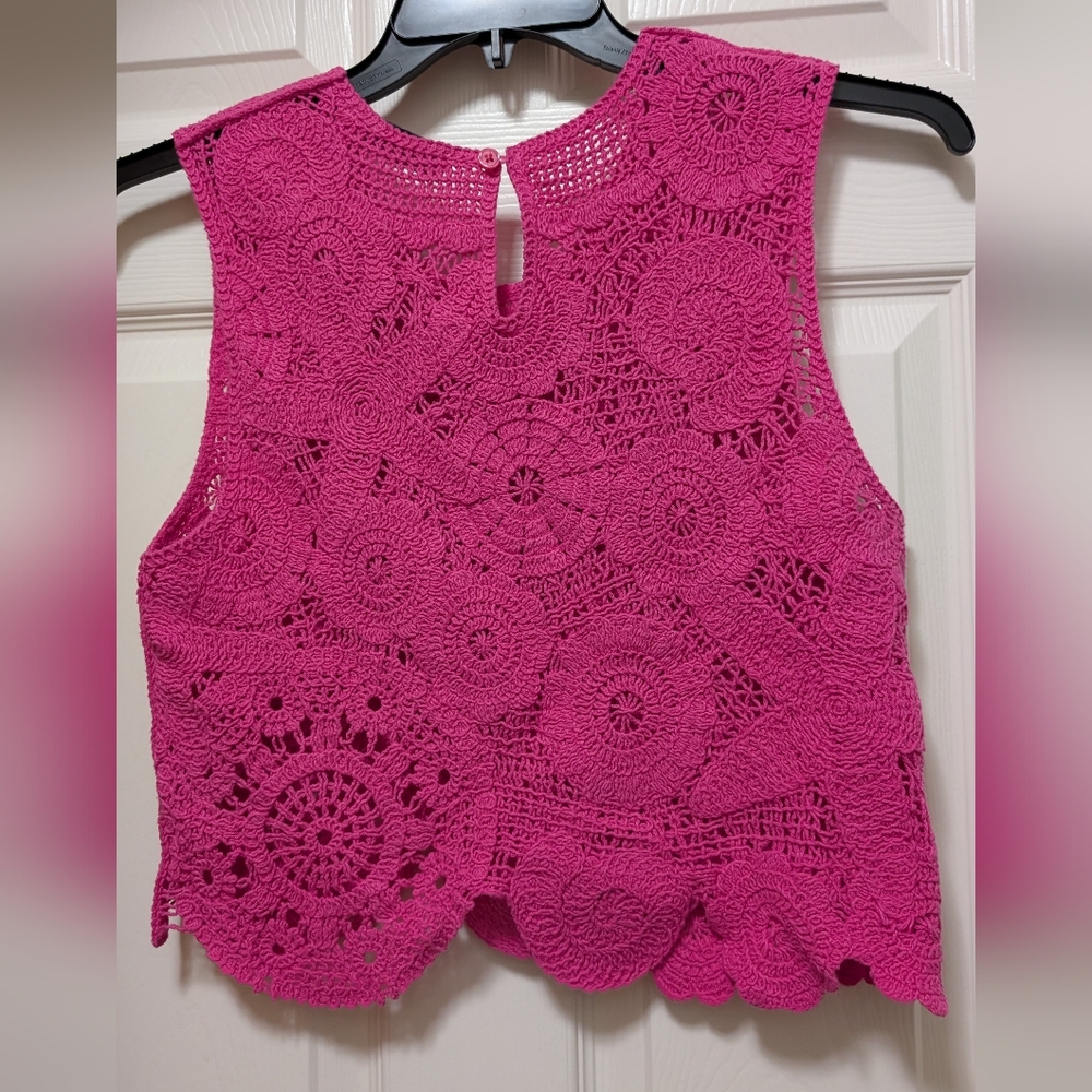 Desigual Crochet Cover Up Crop Top Pink Boho Resort Swim size Small S - Picture 4 of 5